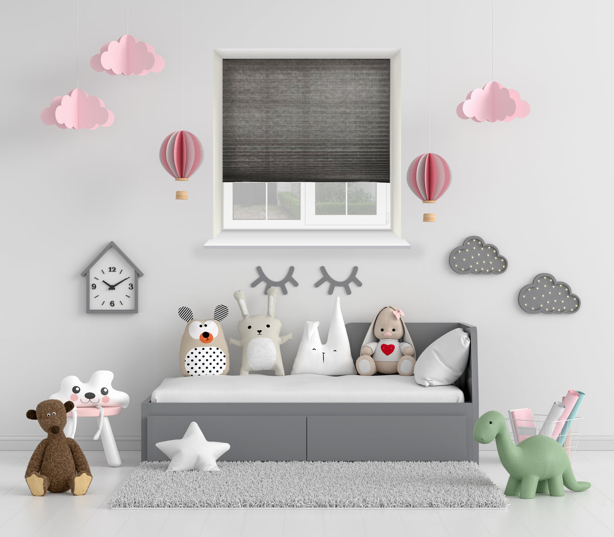 Speedy Pleated Blind, Charcoal Grey, open