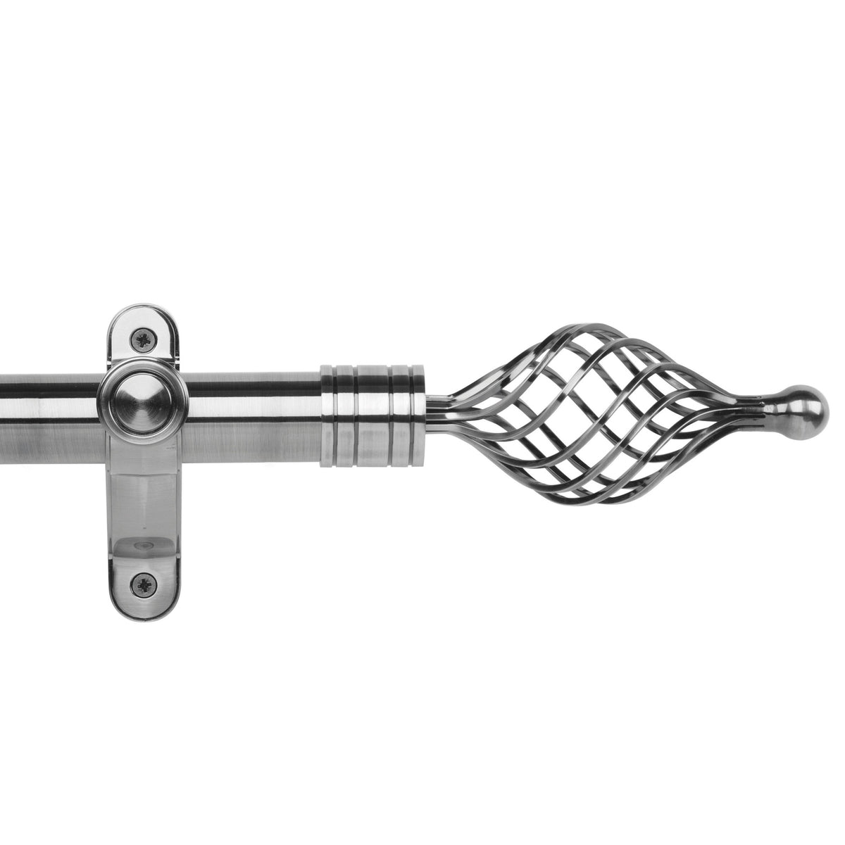 Hallis Galleria Metals eyelet curtain pole, Twisted Cage finial, Brushed Silver