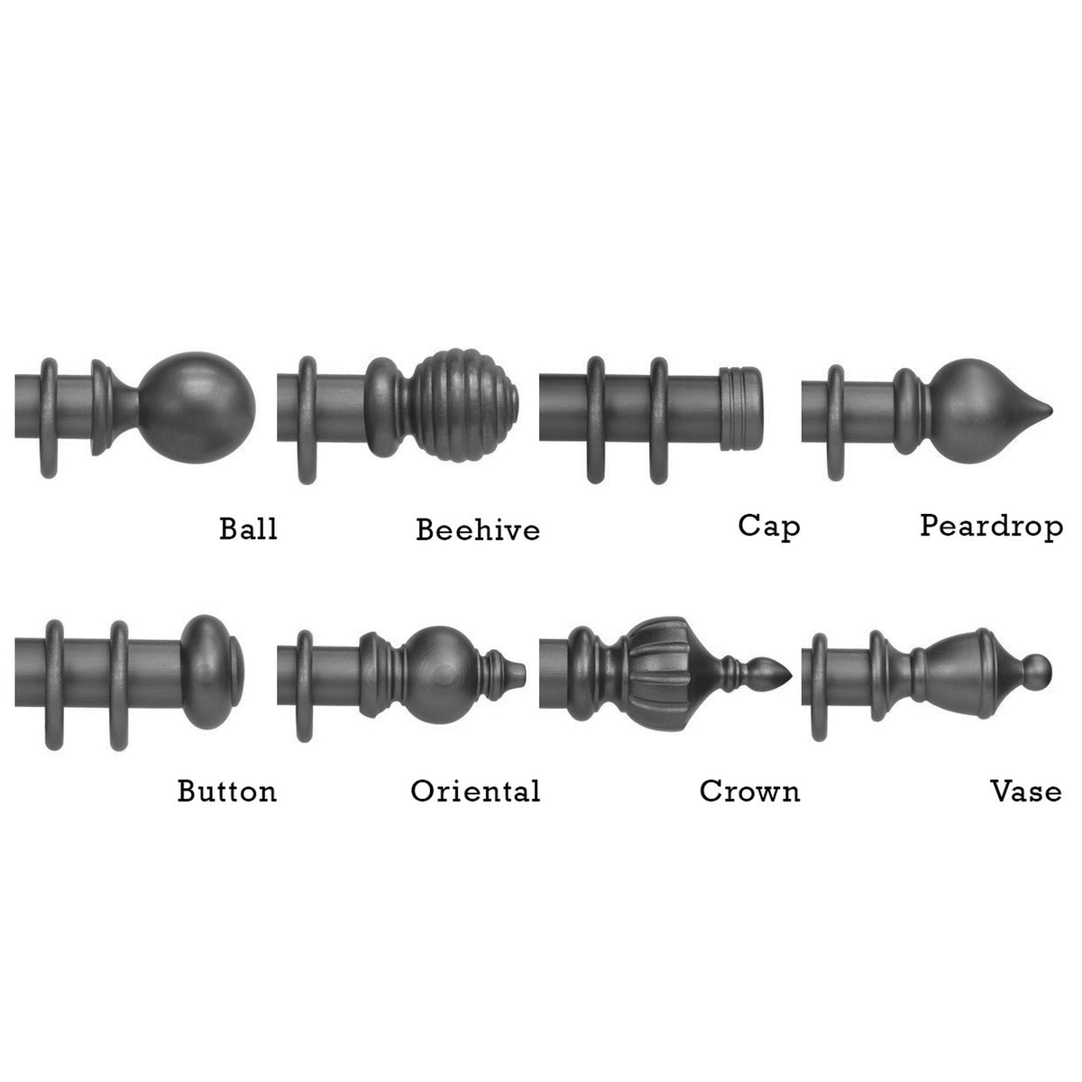 Cameron Fuller wooden finial styles: Ball, Beehive, Cap, Peardrop, Button, Oriental, Crown, Vase