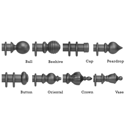 Cameron Fuller wooden finial styles: Ball, Beehive, Cap, Peardrop, Button, Oriental, Crown, Vase