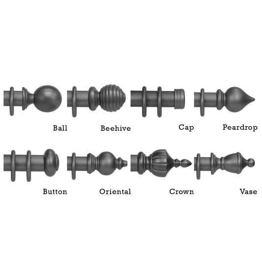 Cameron Fuller wooden finial styles: Ball, Beehive, Cap, Peardrop, Button, Oriental, Crown, Vase