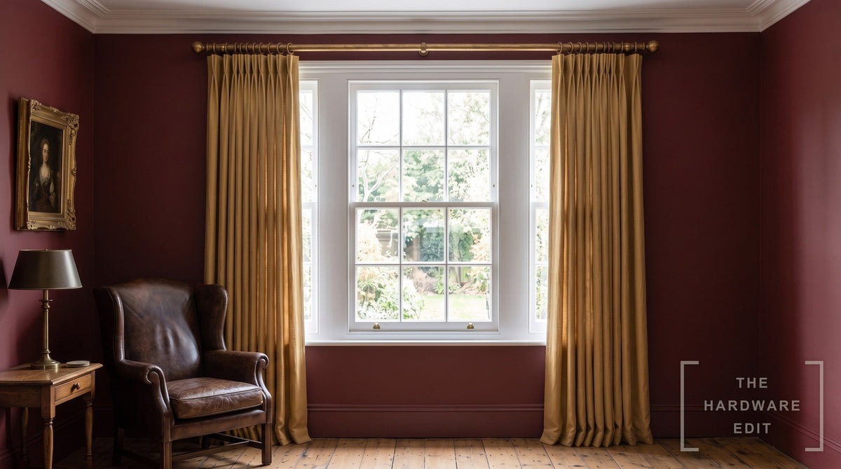 Cameron Fuller wooden curtain pole in Antique Gilded, room scene (AI colour visualisation)