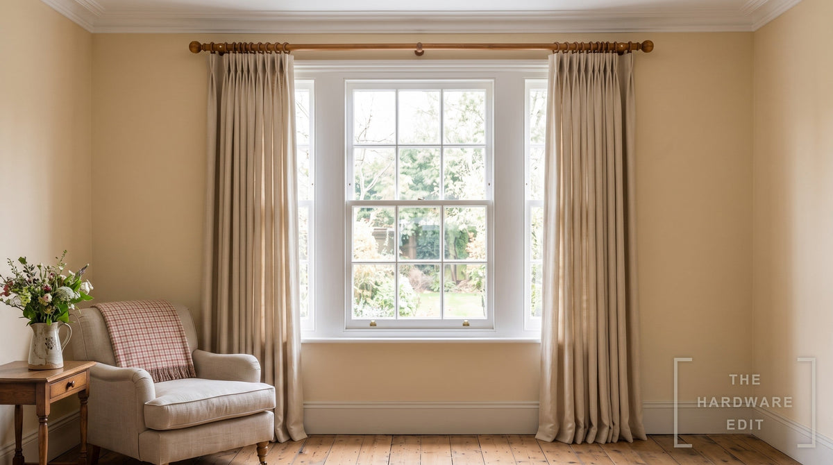 Cameron Fuller wooden curtain pole in Antique Pine, room scene (AI colour visualisation)