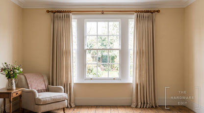Cameron Fuller wooden curtain pole in Antique Pine, room scene (AI colour visualisation)