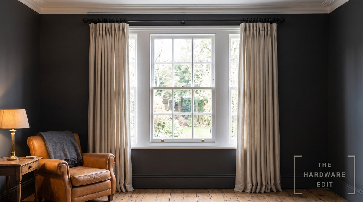 Cameron Fuller wooden curtain pole in Black, room scene (AI colour visualisation)