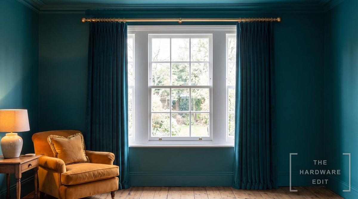Cameron Fuller wooden curtain pole in Gilded, room scene (AI colour visualisation)