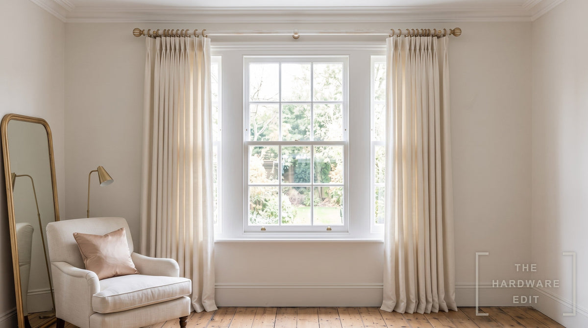 Cameron Fuller wooden curtain pole in Gold over White, room scene (AI colour visualisation)