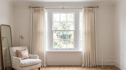 Cameron Fuller wooden curtain pole in Gold over White, room scene (AI colour visualisation)