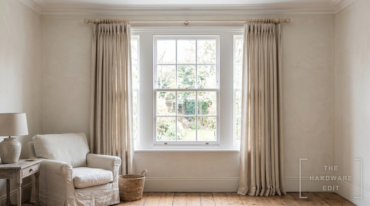 Cameron Fuller wooden curtain pole in Ivory Woodwash, room scene (AI colour visualisation)