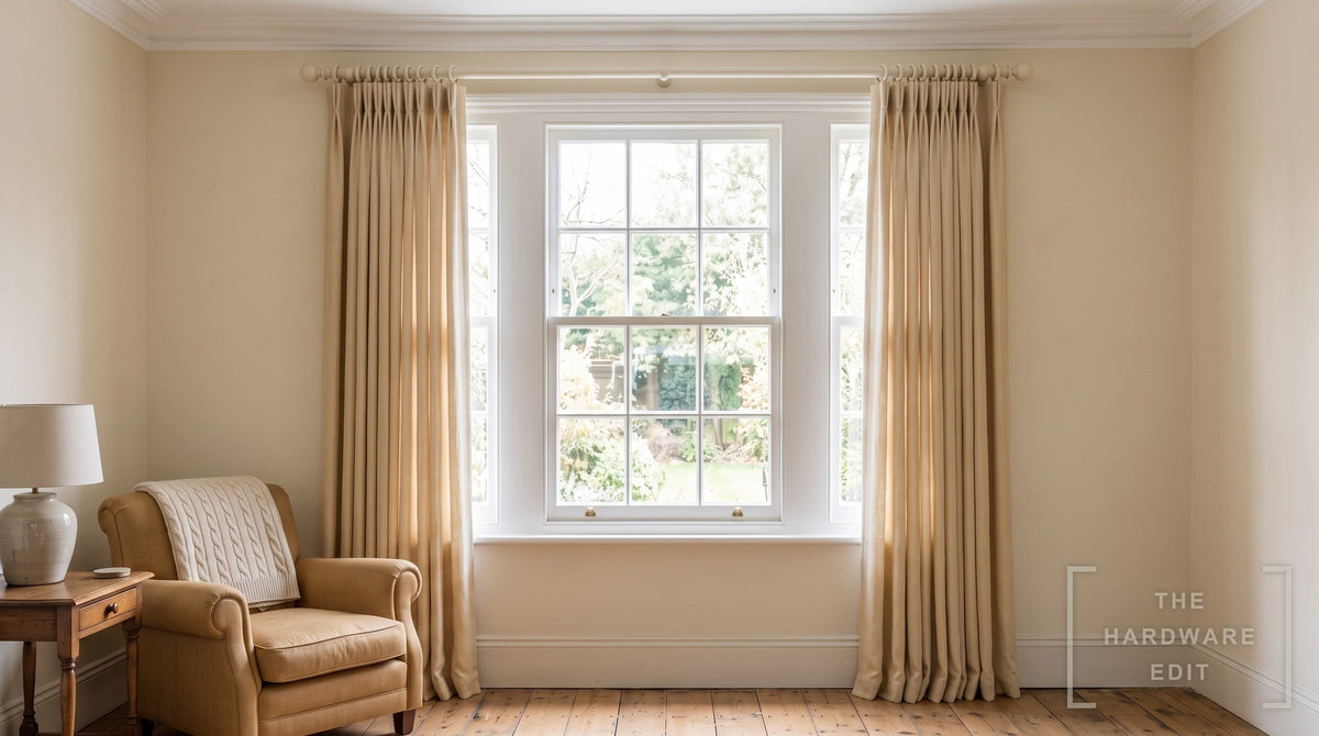 Cameron Fuller wooden curtain pole in Ivory, room scene (AI colour visualisation)