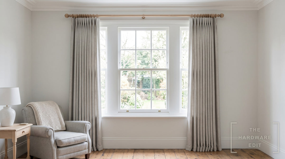 Cameron Fuller wooden curtain pole in Light Oak, room scene (AI colour visualisation)
