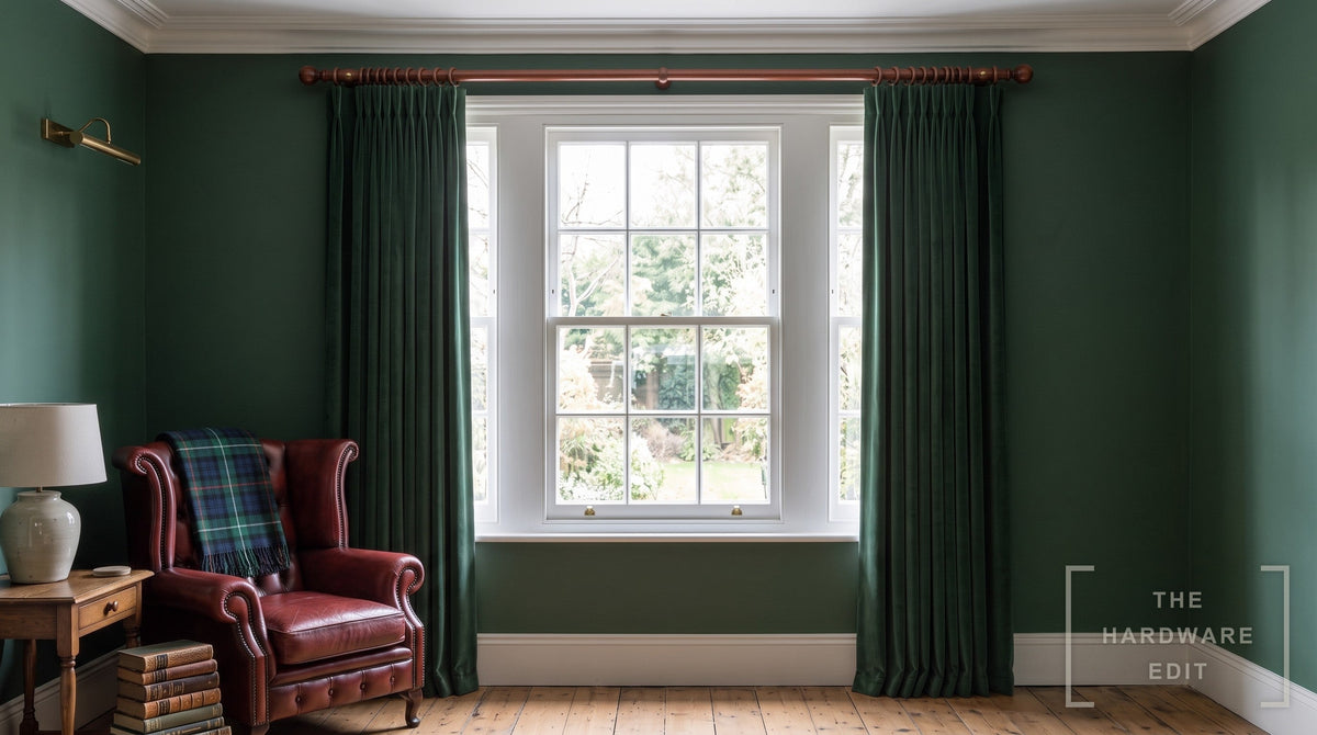 Cameron Fuller wooden curtain pole in Natural Mahogany, room scene (AI colour visualisation)