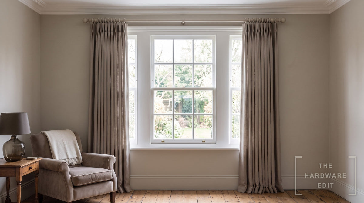 Cameron Fuller wooden curtain pole in Oyster, room scene (AI colour visualisation)