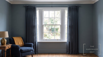 Cameron Fuller wooden curtain pole in Slate, room scene (AI colour visualisation)