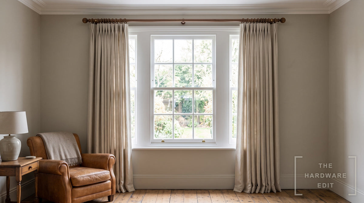 Cameron Fuller wooden curtain pole in Walnut, room scene (AI colour visualisation)