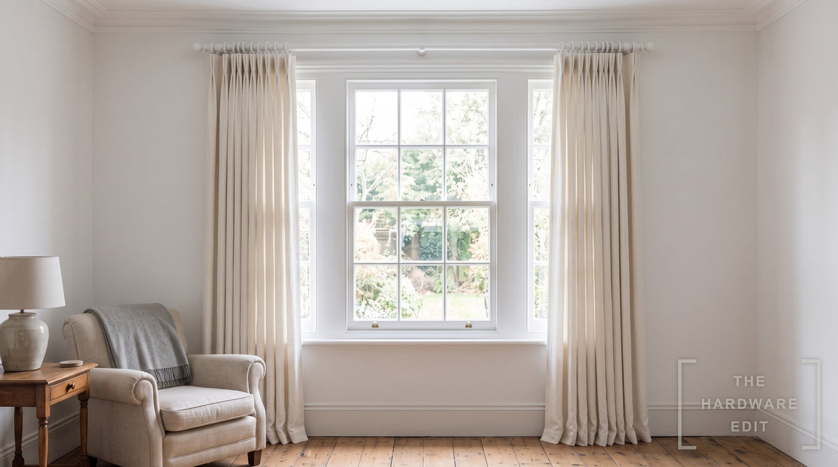 Cameron Fuller wooden curtain pole in White, room scene (AI colour visualisation)