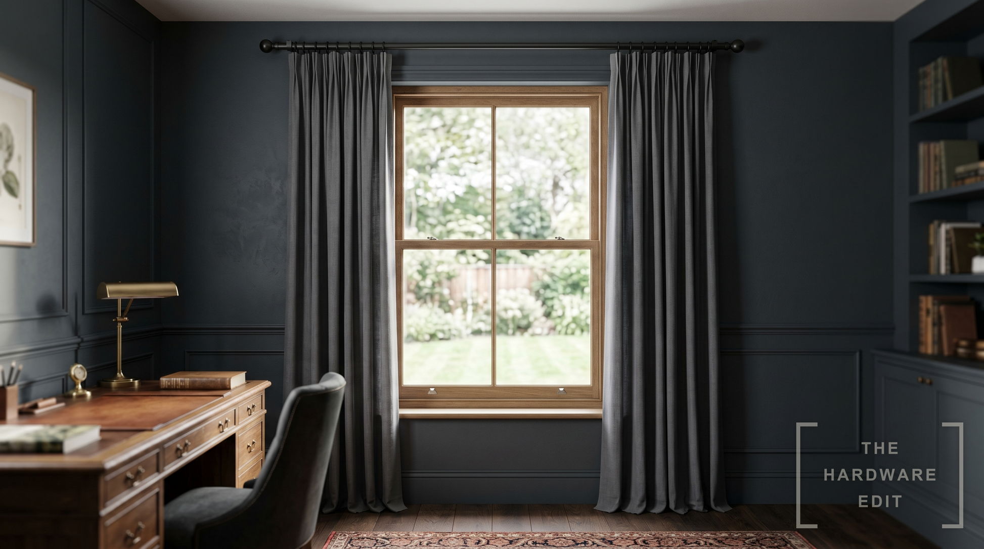 Hallis Neo pole in matt black dressing a study window