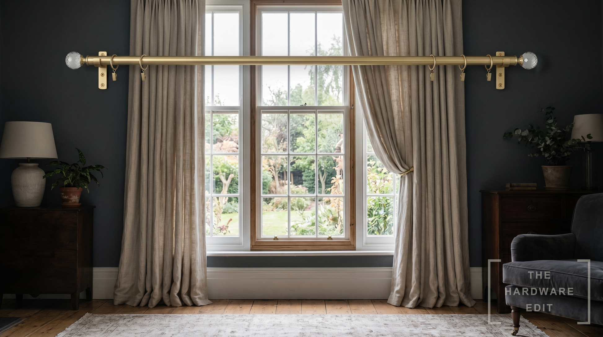 Hallis Neo pole in spun brass dressing a living-room window