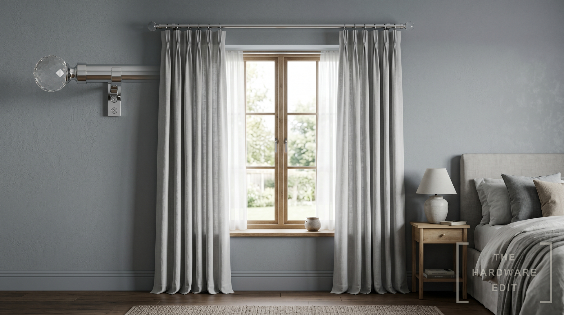Hallis Neo pole in chrome dressing a bedroom window