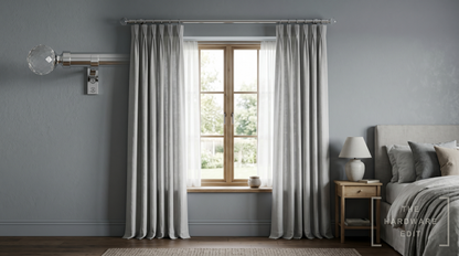 Hallis Neo pole in chrome dressing a bedroom window