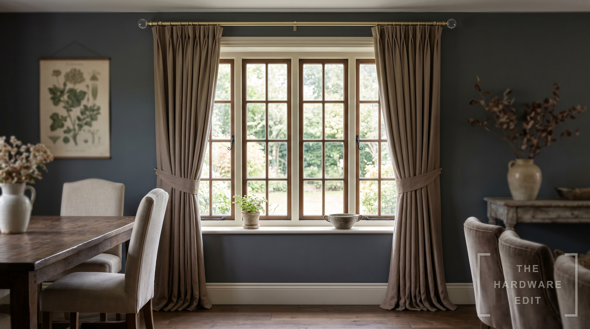 Hallis Neo pole in gold dressing a dining-room window